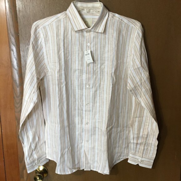 Stitch Note Tan and Cream Striped European Linen Men's Long Sleeve Shirt-M,NWT - Picture 6 of 6